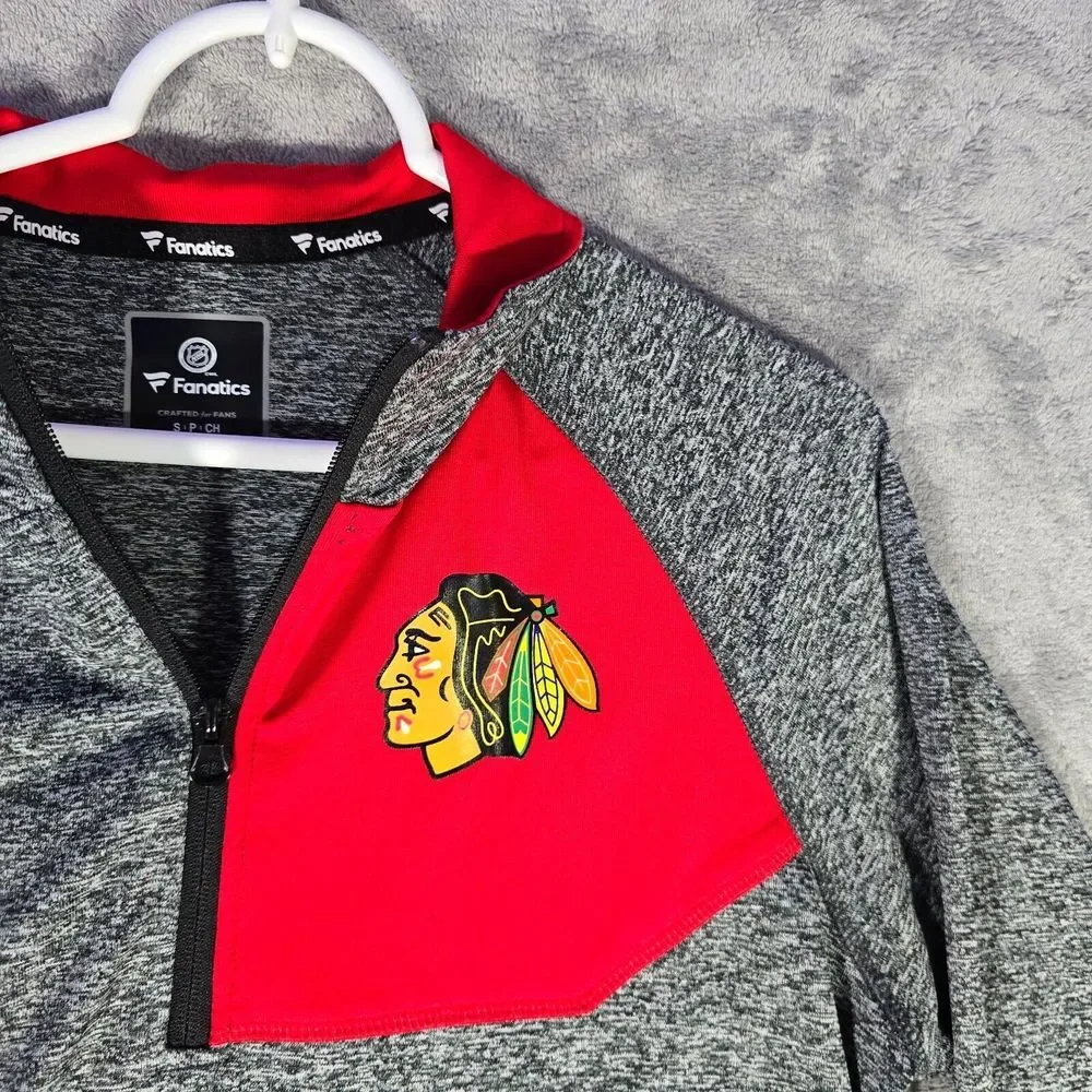 Fanatics Chicago Blackhawks NHL Sweater Mens Small Gray 1/4  Zip Pullover LS‎